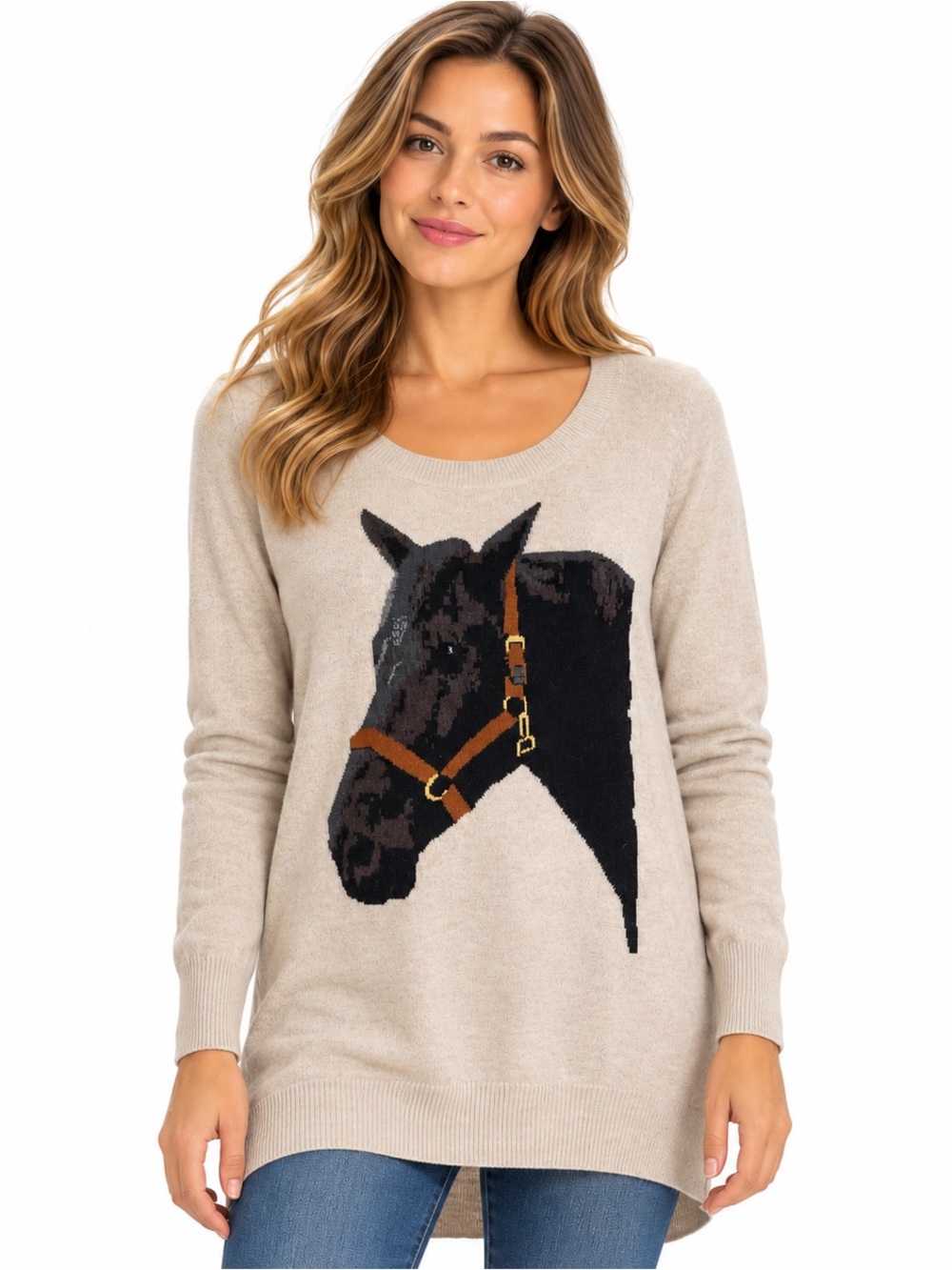 H&M Beige Scoop Neck Sweater with Black Horse Intarsia